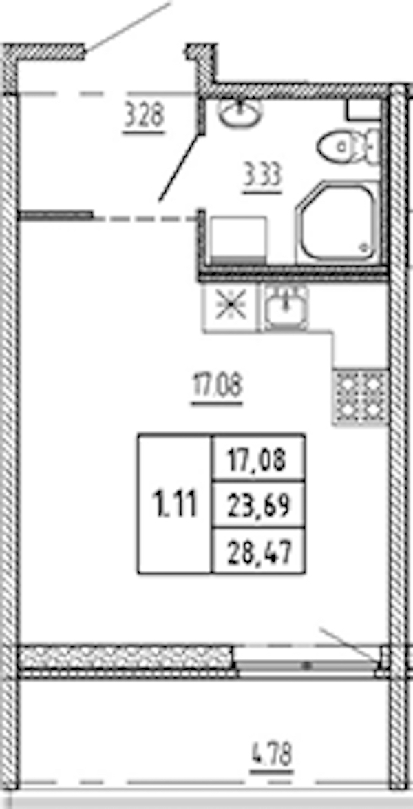 Квартира студия 23.69 м², 22/22 эт., ЖК «Новые горизонты 2»